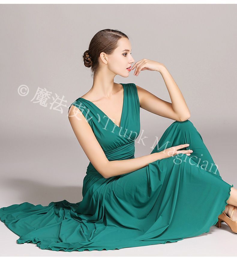 モダンダンスドレス S 8006 豪華ロングドレス ノースリーブ Vネック 大フ 裾 ステージ衣装 撮影会用 ブラック グリーン レッド パープル ブルー 社交ダンス イベント コスチューム 発表会用 ロングワンピース