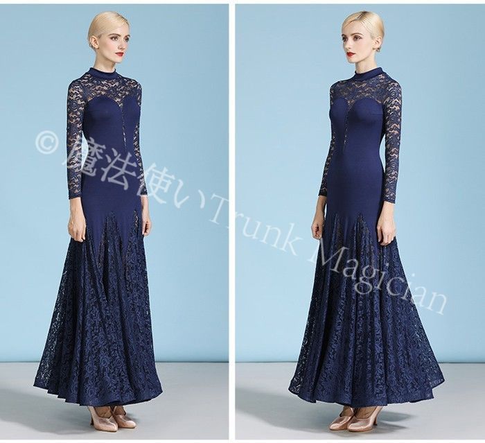 社交ダンス用ネイビー長袖ドレス 新品未使用】社交ダンスドレス 長袖 ハイネック レース 発表会