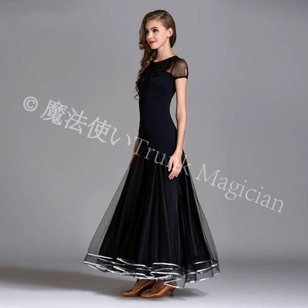  20軽やかに舞う 裾透け感が美しいブラックドレス レッスンからダンスパーティーに ドレス ダンス衣装 社交ダンス