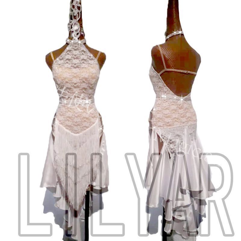 新品未使用】高級定制 ラテンドレス 紫 レース スパンコール フリンジ