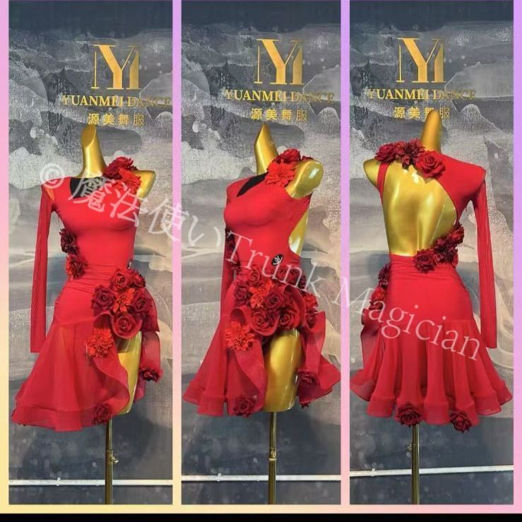 社交ダンス衣装 赤い 柄 ラテンダンスドレス 重厚加工 大きなスカート 受験 パフォーマンス用 練習着 舞台衣装