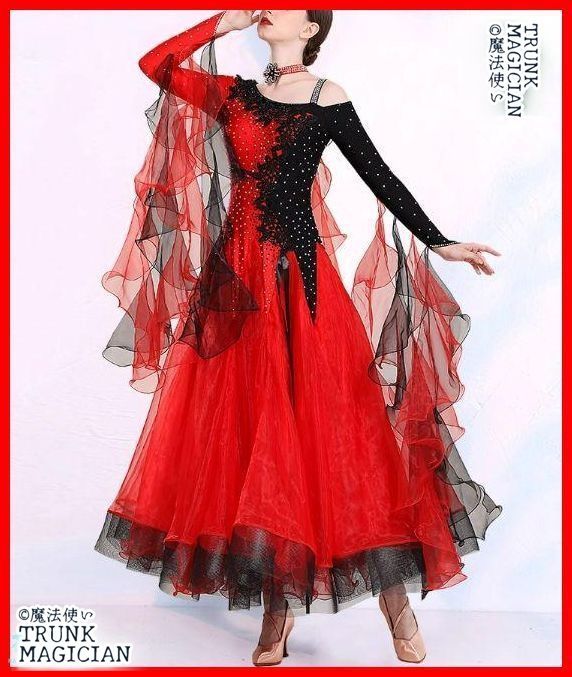 社交ダンスドレス モダンダンス 刺繍 キラキラ レッド オーダーメイド