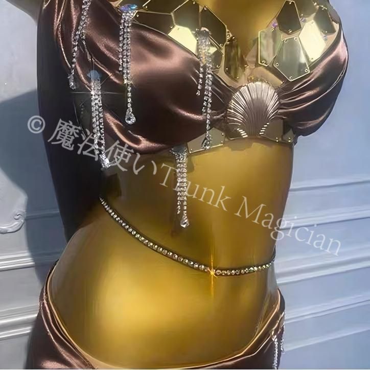  背中 ベリーダンス衣装 トップスブラ スカート 光沢 オーダーメイド ブラウン M L セットアップ ベリーダンス