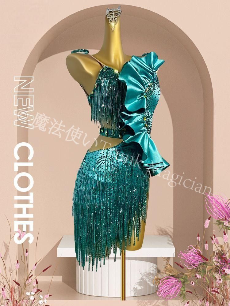 ♥ ラテン競技ドレス スパンコール装飾 ワンショルダー ダンス衣装 XS?XXL対応 オーダーメイド可 社交ダンス コンクール 発表会 撮影用 イベント用