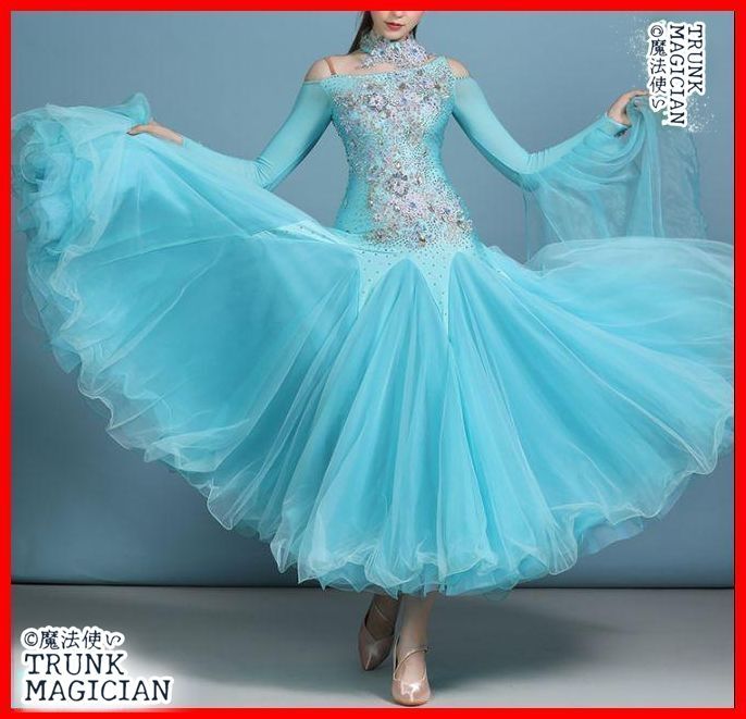 水色オフショルダー社交ダンスドレス ドレスモダンダンスオーダーメイド
