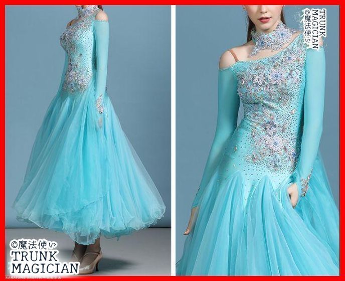  水色オフショルダー社交ダンスドレス ドレスモダンダンスオーダーメイド ドレス ダンス衣装 社交ダンス