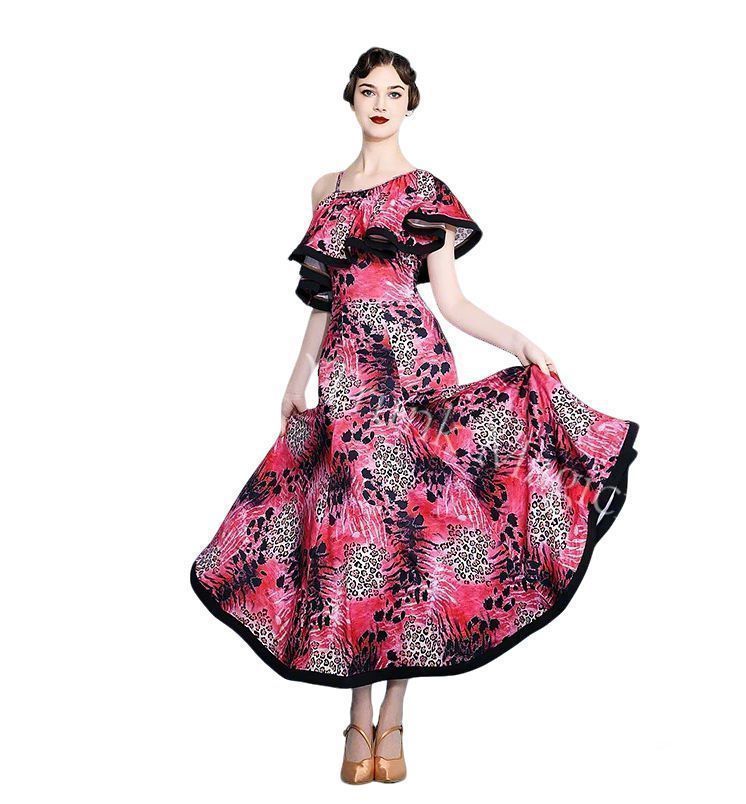 社交ダンス ワンピース 女性用 モダンダンスドレス 大人レディース シングルショルダー フリルデザイン ボルドレス 競技用