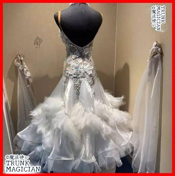 オーダーメイド 社交ダンス衣装 羽根 立体花 モダンダンス ドレス