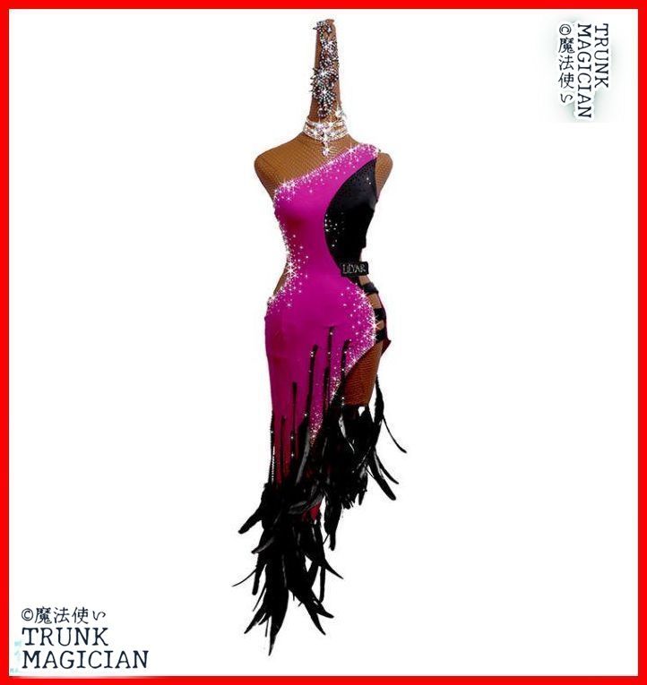 社交ダンス衣装 ラテンワンピースドレス 豪華 羽毛フリル ローズ オーダーメイド