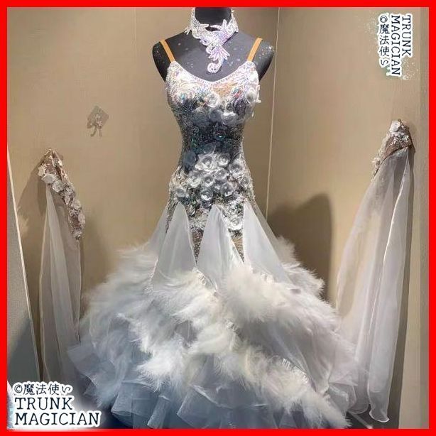 オーダーメイド 社交ダンス衣装 羽根 立体花 モダンダンス ドレス