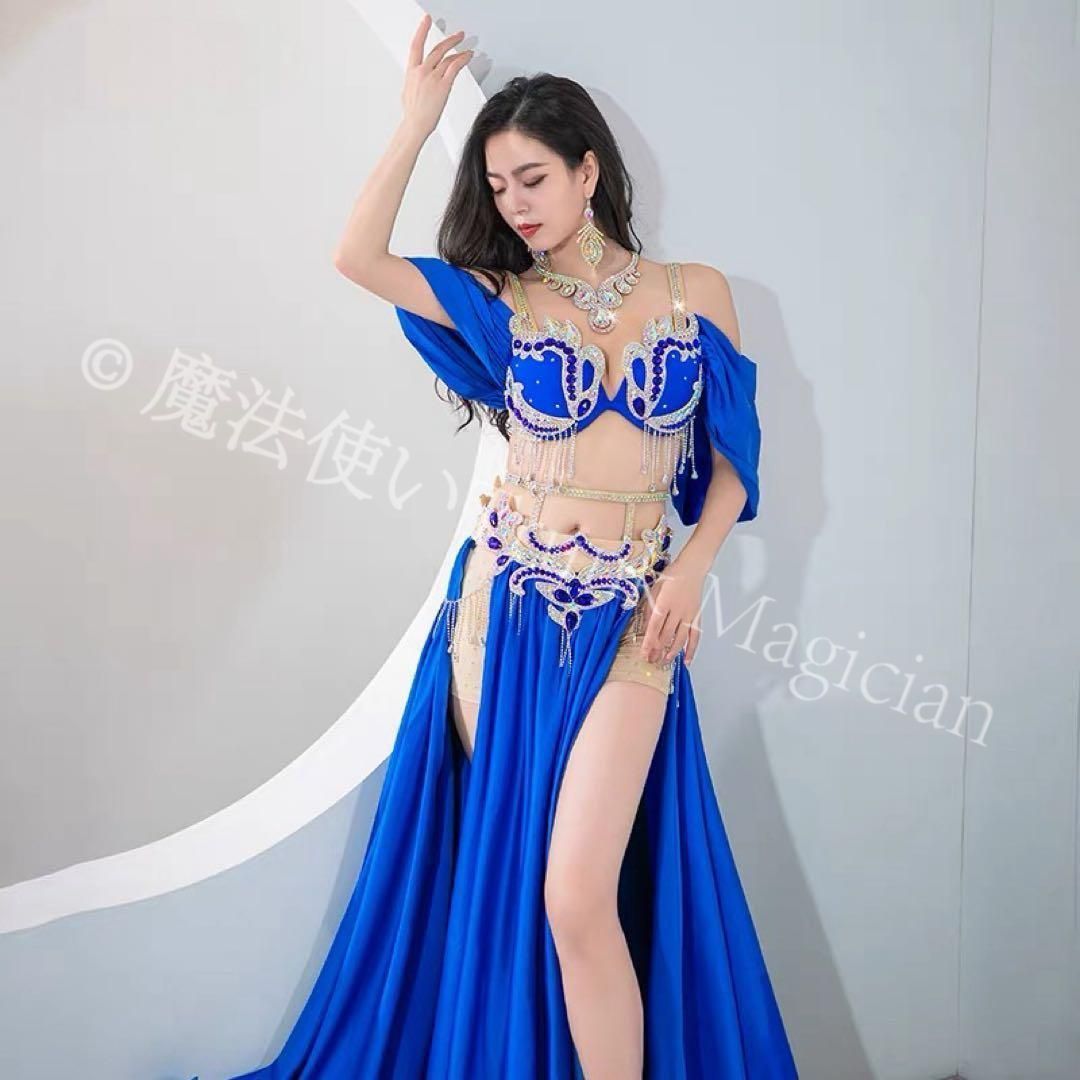 ロイヤルブルー煌めくベリーダンス衣装セット ビジューがキラキラ