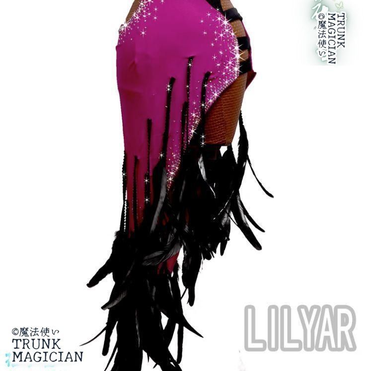 社交ダンス衣装　ラテンワンピースドレス　豪華 羽毛フリル　ローズ オーダーメイド 社交ダンス衣装ラテンワンピースドレス豪華 羽毛フリルローズ オーダー