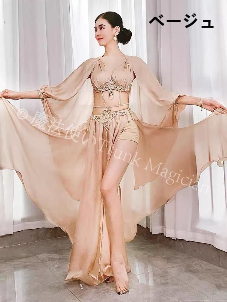 ♥ ベリーダンス セット シルキー光沢 ロングスカート パフォーマンス コスチューム スパンコール ストーン 2カラー選択