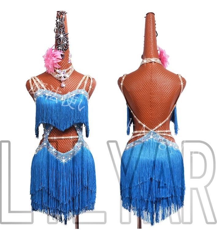 ♥ ラテンドレス ラテンワンピース フリンジ ダンス衣装 ブルー オーダーメイド