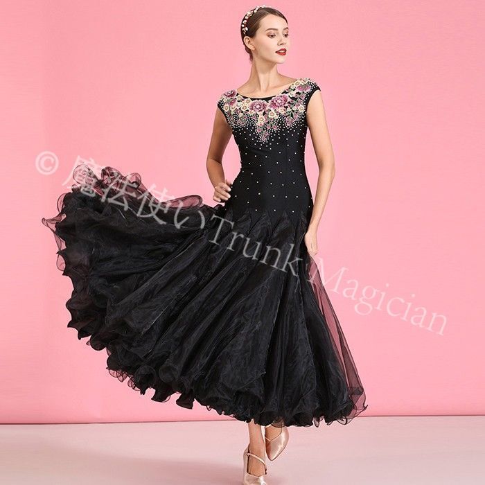 高品質 社交ダンス ドレス 社交ダンス衣装 長袖 花柄 練習着 広がる裾 発表会用 ワンピース パーティー レッスン着 発表会 競技着 演出用 開場ドレス ワルツ