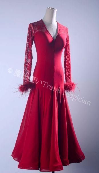 ♥ 社交ダンスドレス レース 薔薇 スタンダードドレス 羽根 オーダーメイド