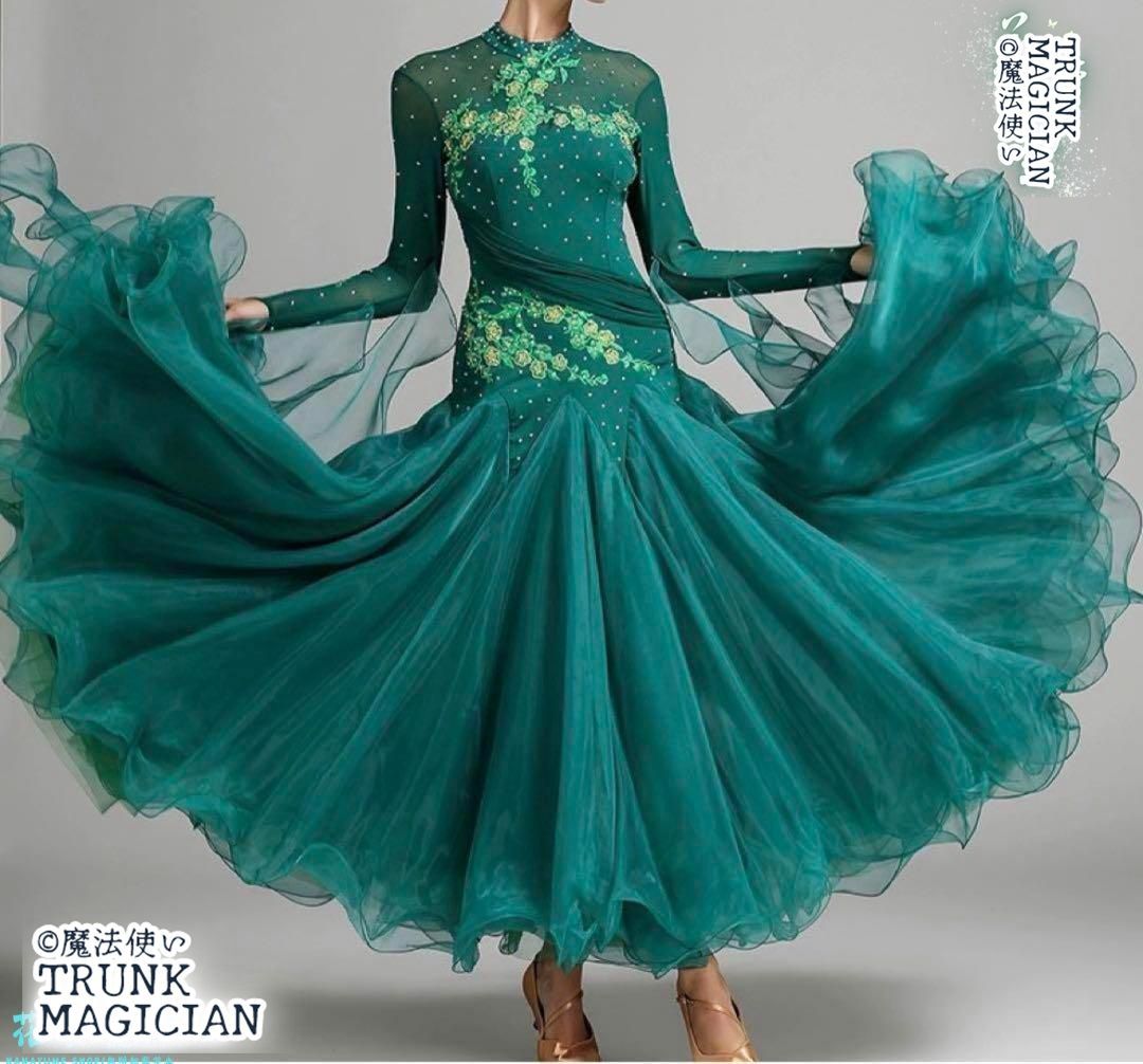 ダンスドレスモダンダンスドレスキラキラ刺繍ダンスドレス 裾広社交ダンスドレス 撮影会 舞台 イベント