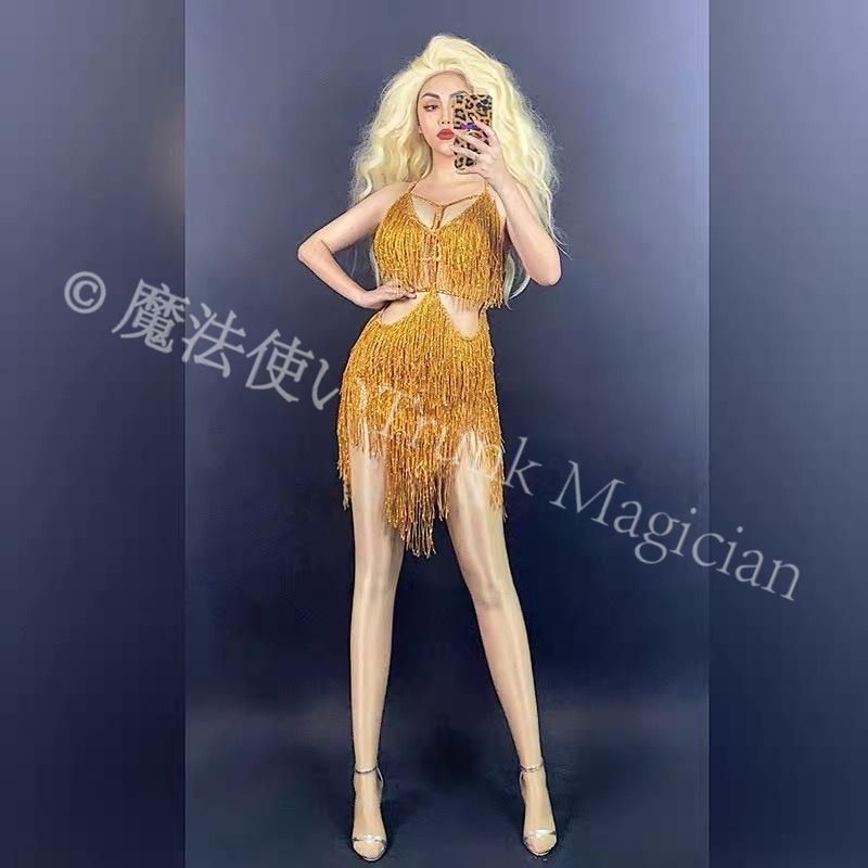 ♥ 社交ダンスドレス ベリーダンス衣装 ゴールド ラメ キラキラ フリンジ パーティードレス スパンコール クラブウェア