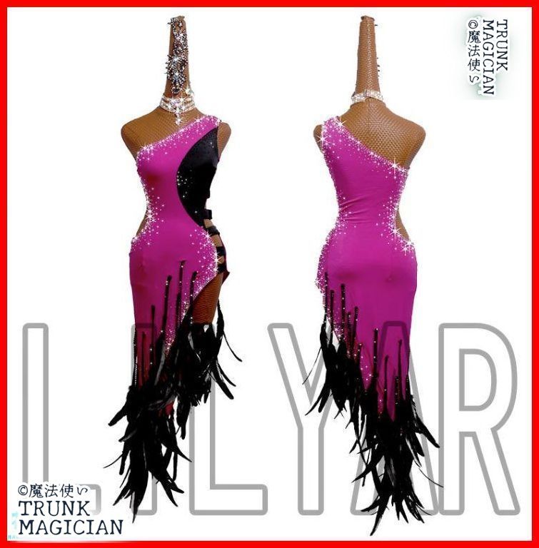 社交ダンス衣装　ラテンワンピースドレス　豪華 羽毛フリル　ローズ オーダーメイド 新品未使用】社交ダンス衣装 ラテンワンピースドレス 豪華 羽毛フリル