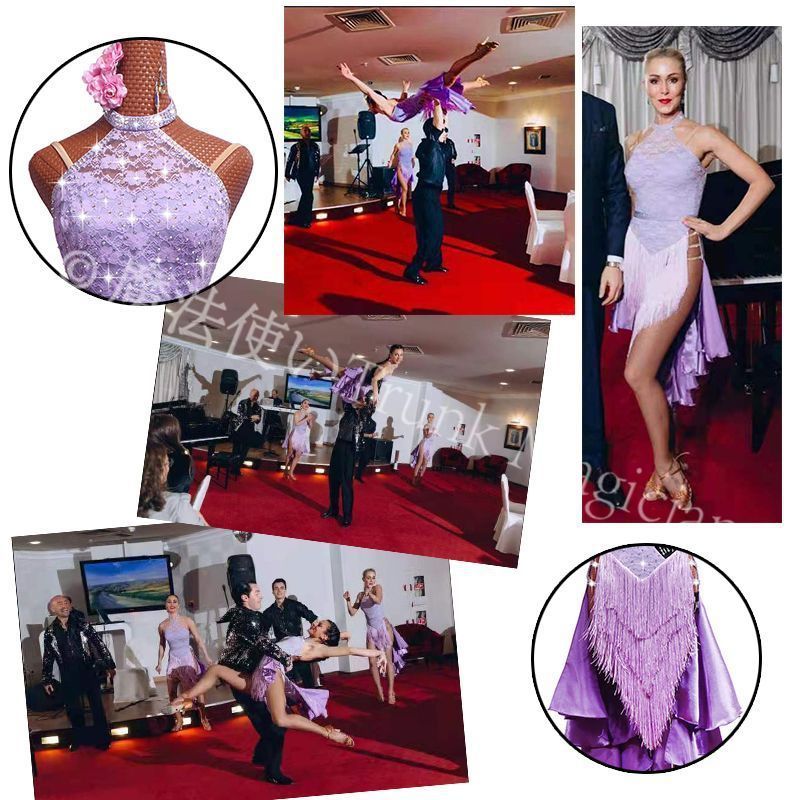 新品未使用】高級定制 ラテンドレス 紫 レース スパンコール フリンジ