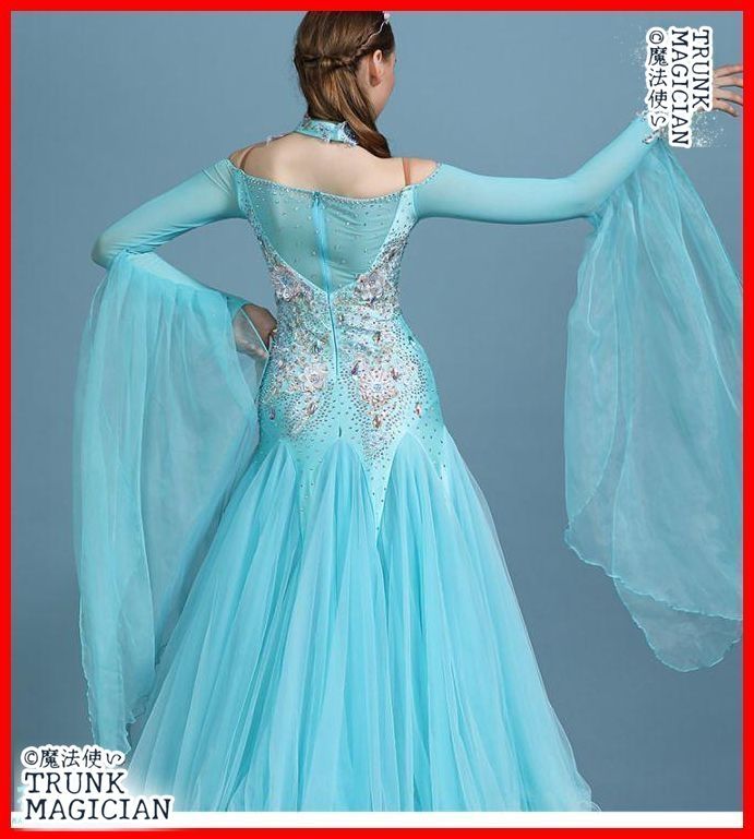 水色オフショルダー社交ダンスドレス