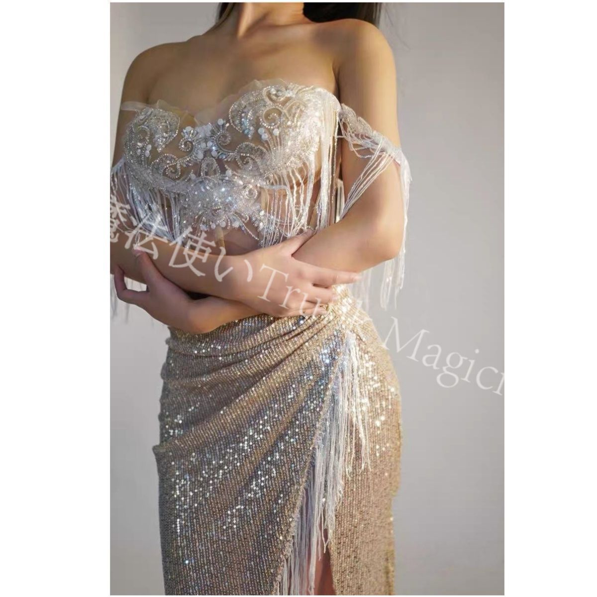 社交ダンスドレス ベリーダンス衣装 シャンパンゴールド ボーンコルセット セクシー ドレス 歌手 営業用 ステージ リゾート風