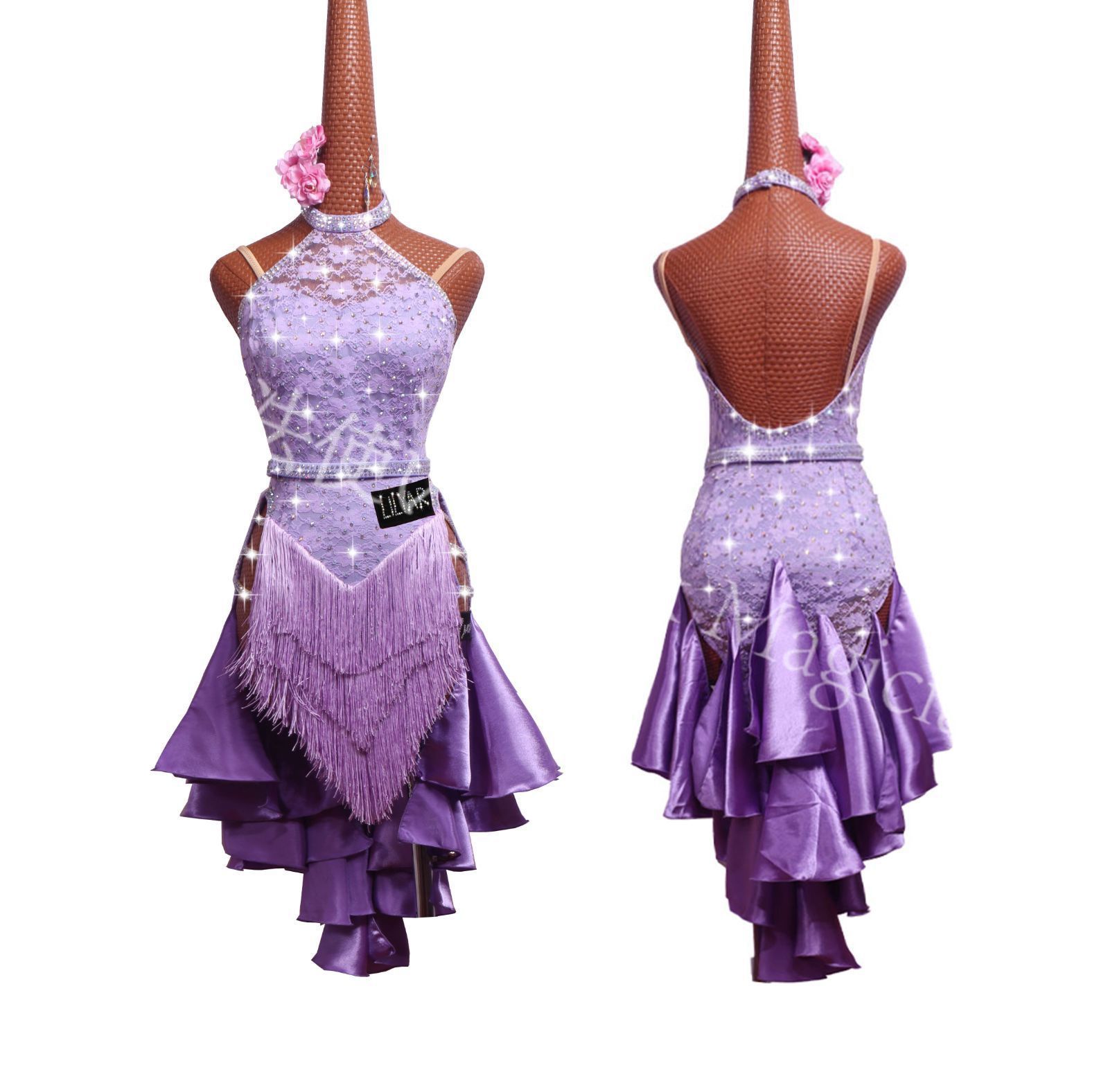 しーちゃん　ラテンフリンジドレス　競技ドレス 新品未使用】高級定制 ラテンドレス 紫 レース スパンコール フリンジ