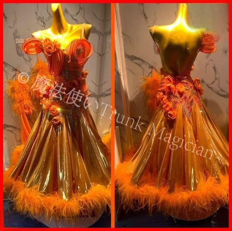 オーダーメイド 社交ダンス衣装 羽根 薔薇 モダンダンス ドレス