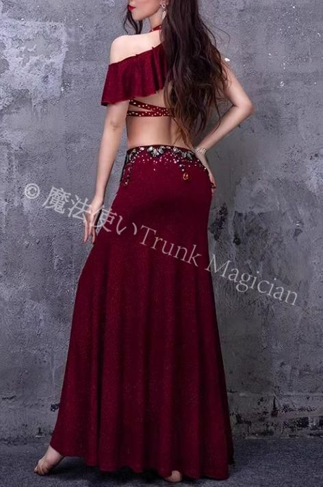 ベリーダンス衣装 セット スリーブ付き ブラ スカート レッド オーダーサイズ