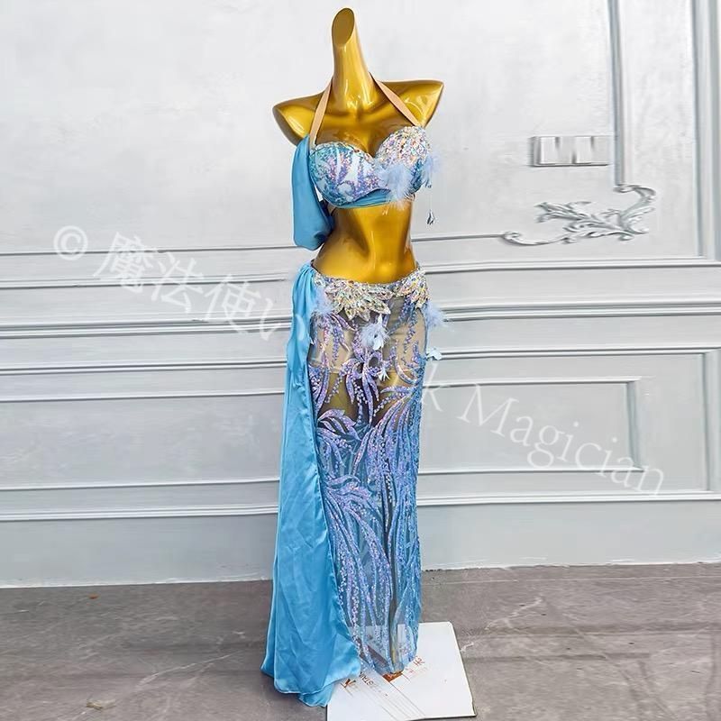 ベリーダンス オリエンタル衣装 インナー付 演技 衣装 セット ゴールド オーダーメイド ブルー 2 選択