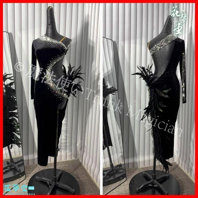 オーダーメイド デザイン変更可 社交ダンス衣装 ベルベットラテンワンピース 羽根