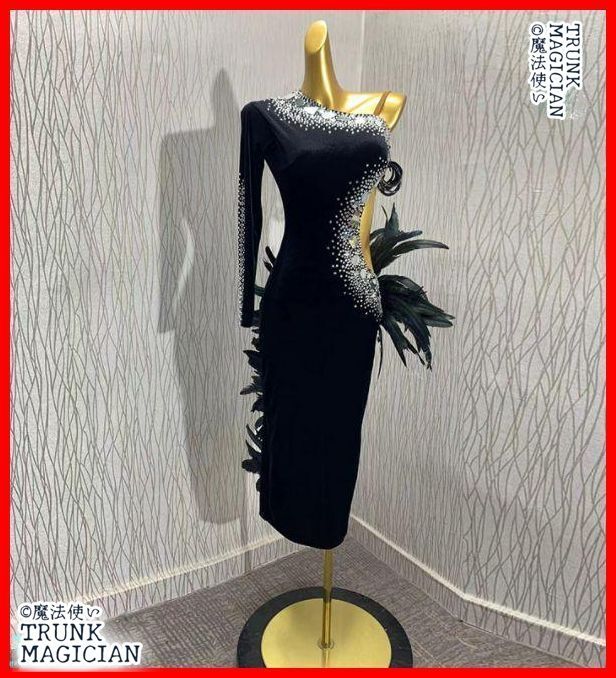 オーダーメイド デザイン変更可 社交ダンス衣装 ベルベットラテンワンピース 羽根