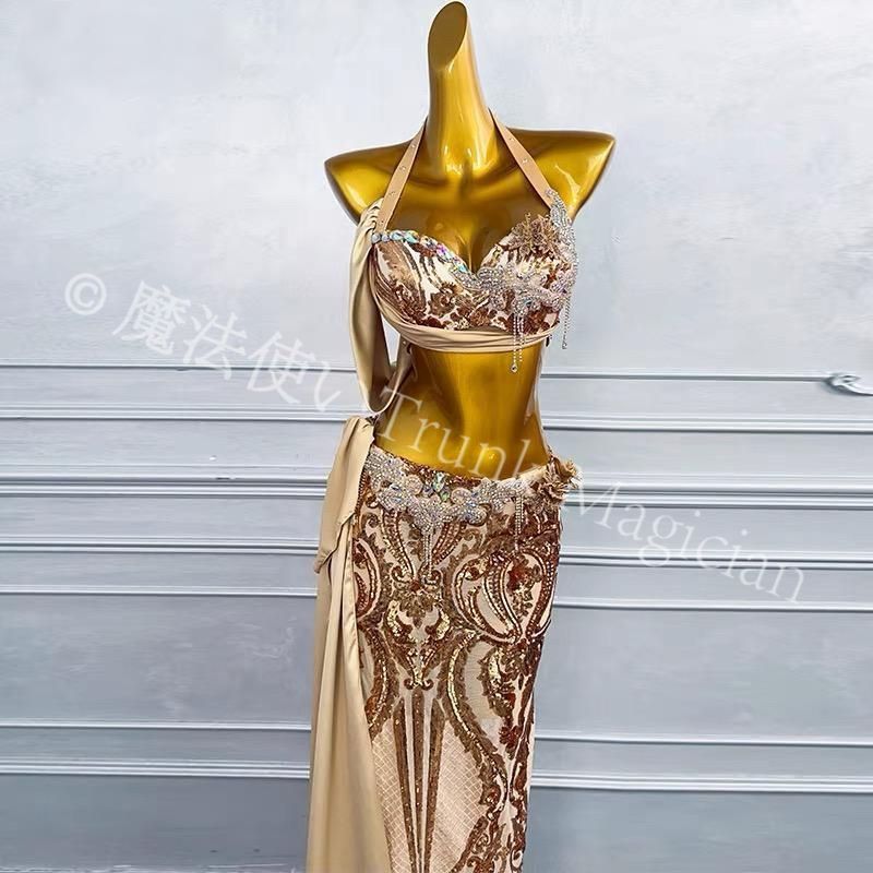 ベリーダンス オリエンタル衣装 インナー付 ゴールド オーダーメイド 新品未使用】ベリーダンス オリエンタル衣装 インナー付 演技 衣装