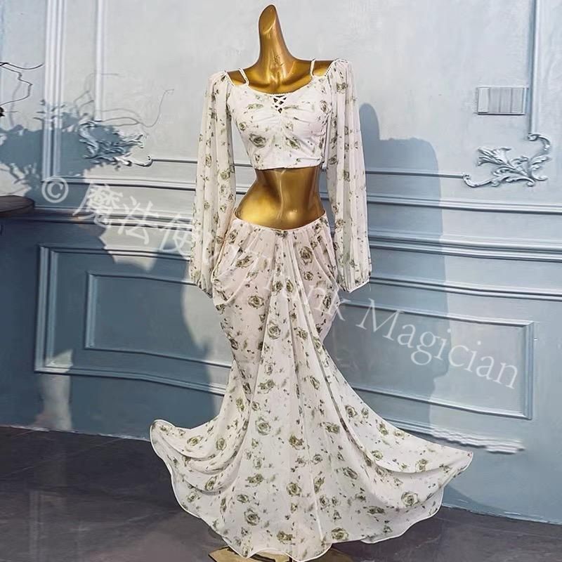 ベリーダンス オリエンタル衣装 トップス スカート オーダーメイド ステージ衣装 スパン フラワープリントワンピース