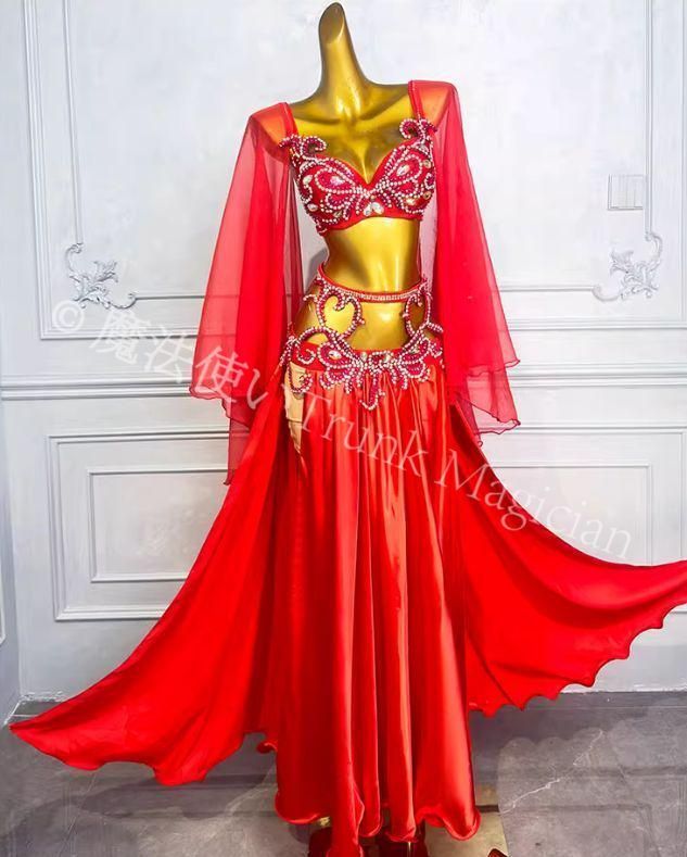 ベリーダンス衣装 ブラベルトスカートセット レッド オーダーメイド