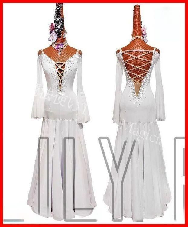 社交ダンスドレス ドレス 袖フリル ホワイトオーダーメイド