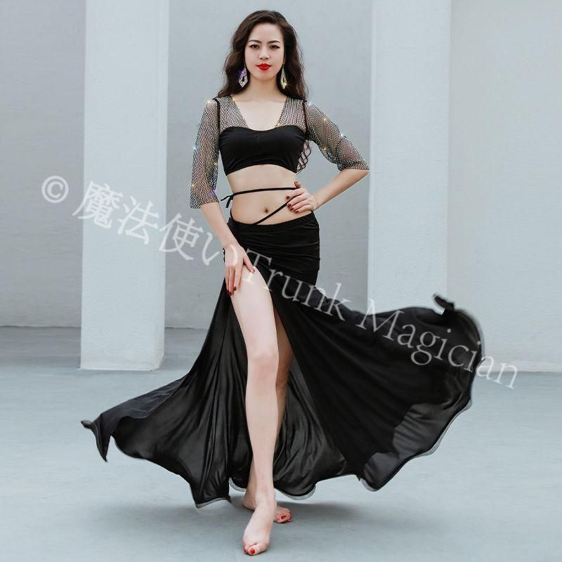 ラテンダンス衣装 豪華2点セット 練習着 セクシー美ライン トップス スリットスカート 烏ブラック ワインレッド 競技 レッスン 舞台 イベント対応 ストレッチ素材 大人女性向け M Lサイズあり