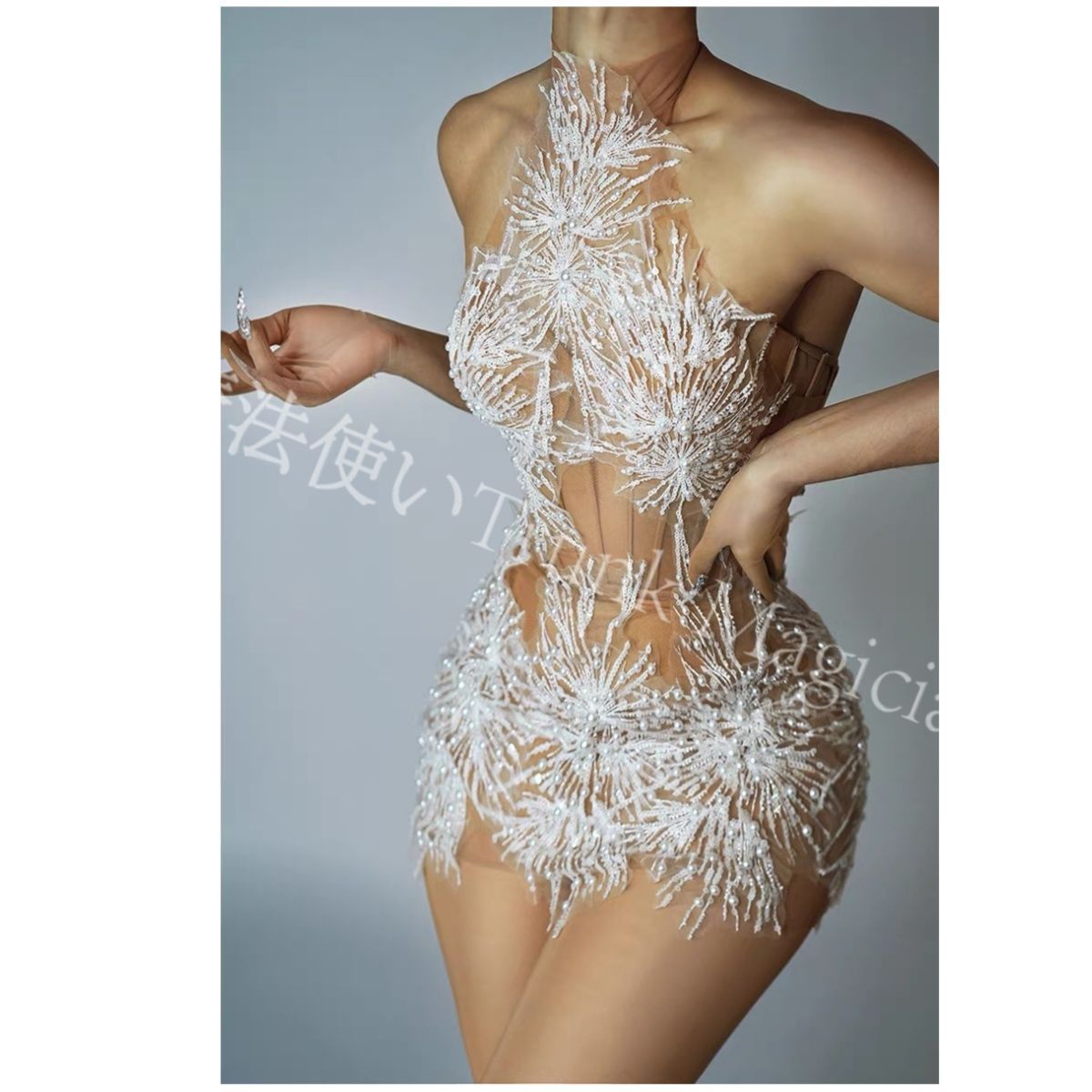 社交ダンスドレス ベリーダンス衣装 ホルターネック ストラップ スリットミニドレス ヌードシース素材 セクシー ストリート系 パーティードレス