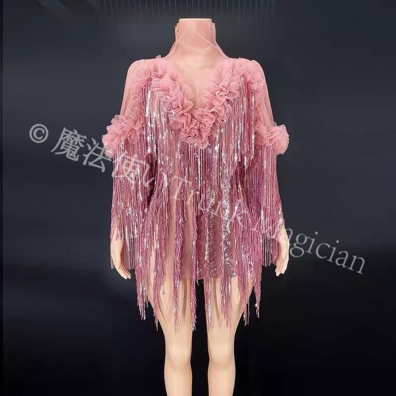 社交ダンスドレス ベリーダンス衣装 キラキラ ラメ フリンジ セクシー ミニドレス ナイトクラブ パーティー 用 ピンク