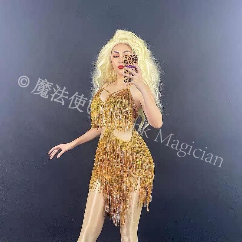 社交ダンスドレス ベリーダンス衣装 ゴールド ラメ キラキラ フリンジ パーティードレス スパンコール クラブウェア