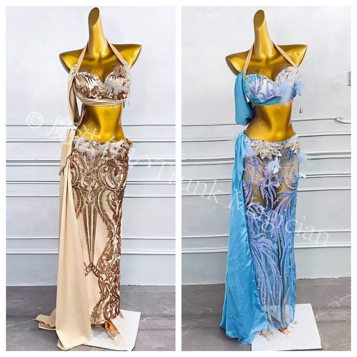 ベリーダンス オリエンタル衣装 インナー付 演技 衣装 セット ゴールド オーダーメイド ブルー 2 選択