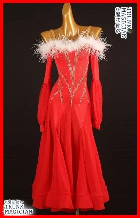 社交ダンスドレス モダンダンス 羽根 レッド オーダーメイド