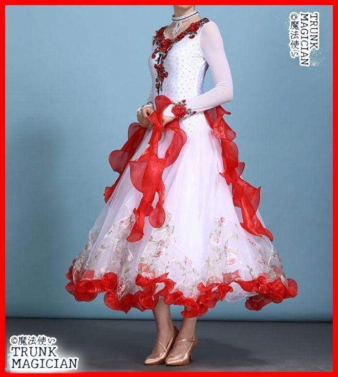 社交ダンスドレス モダンダンス 刺繍 レッド オーダーメイド