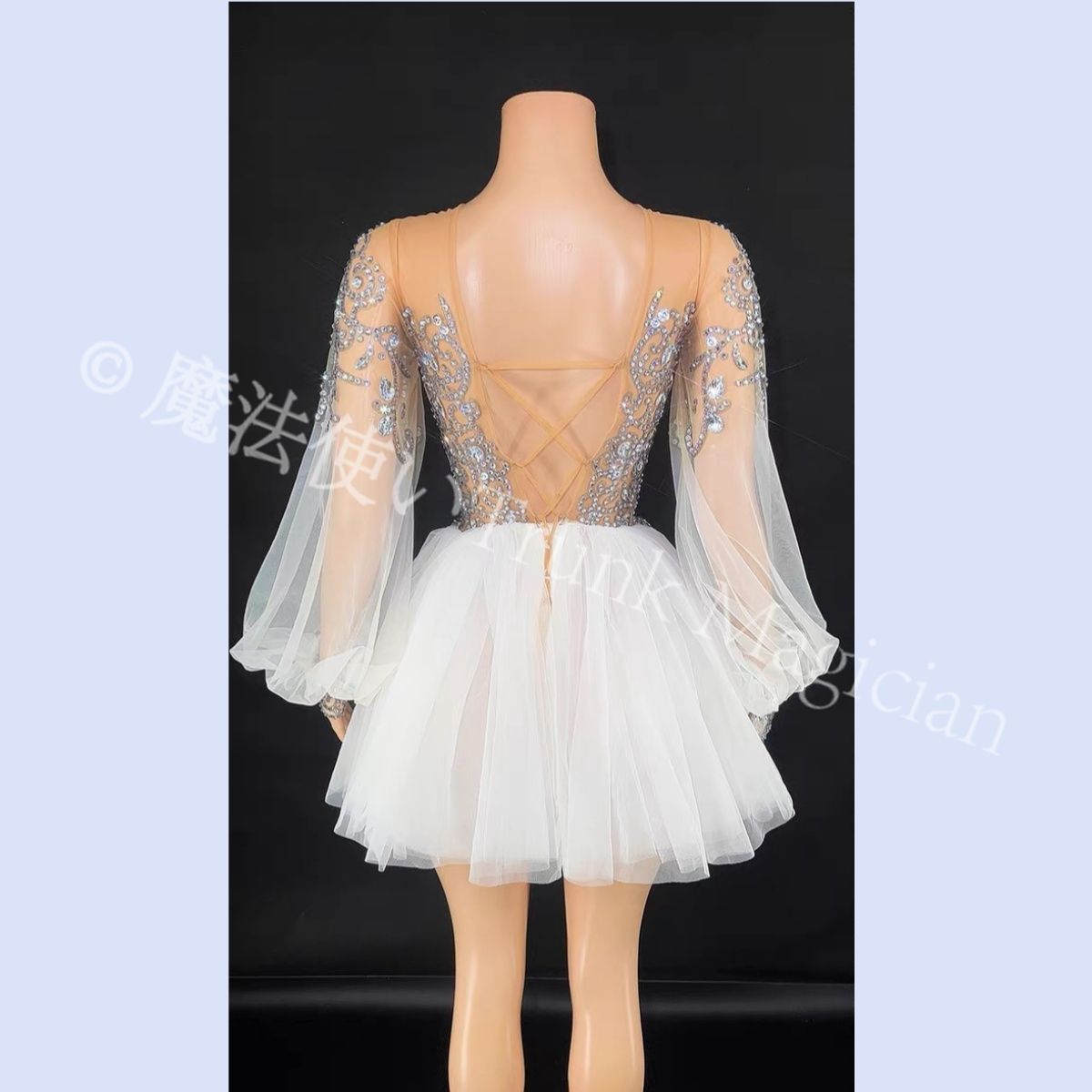 社交ダンスドレス ベリーダンス衣装 フリル ミニスカート ロングスリーブ 全面ダイヤモンド シースルー ステージ イブニングドレス 5 選択