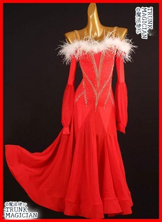 社交ダンスドレス モダンダンス 羽根 レッド オーダーメイド