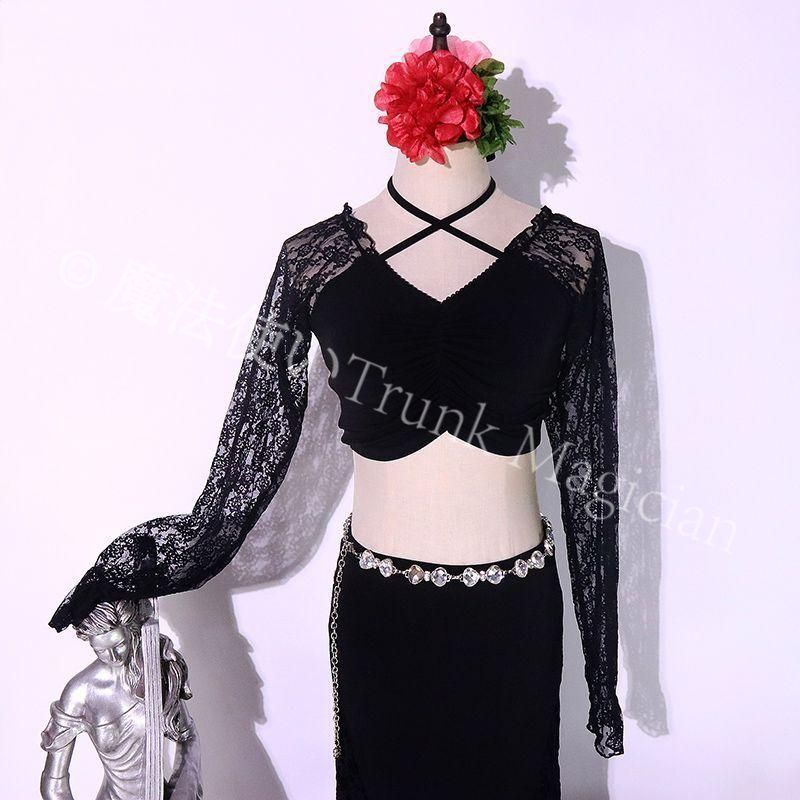 ベリーダンス衣装 レース切り替え 練習着 上下セット 長袖トップス マーメイドスカート セクシー優雅レッスンウェア 撮影 ダンス イベント パーティー衣装 仮装