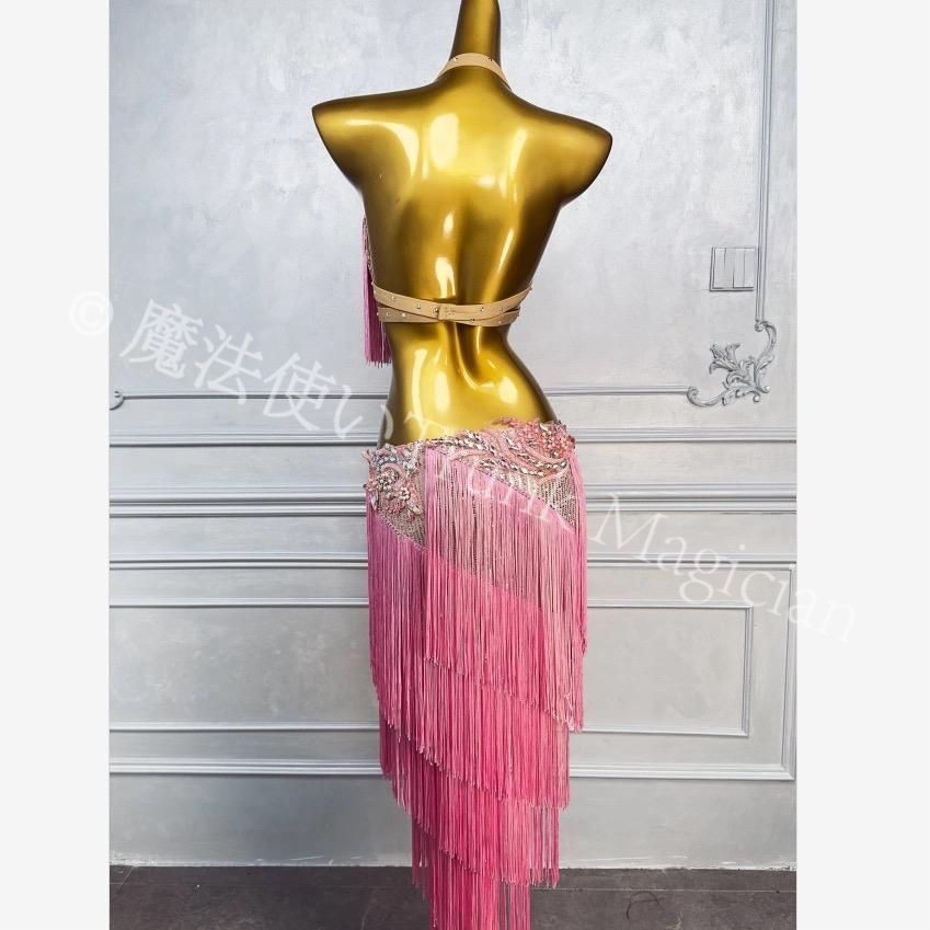 ベリーダンス オリエンタル衣装 ブラ スカート フリンジ オーダーメイド ピンクM L