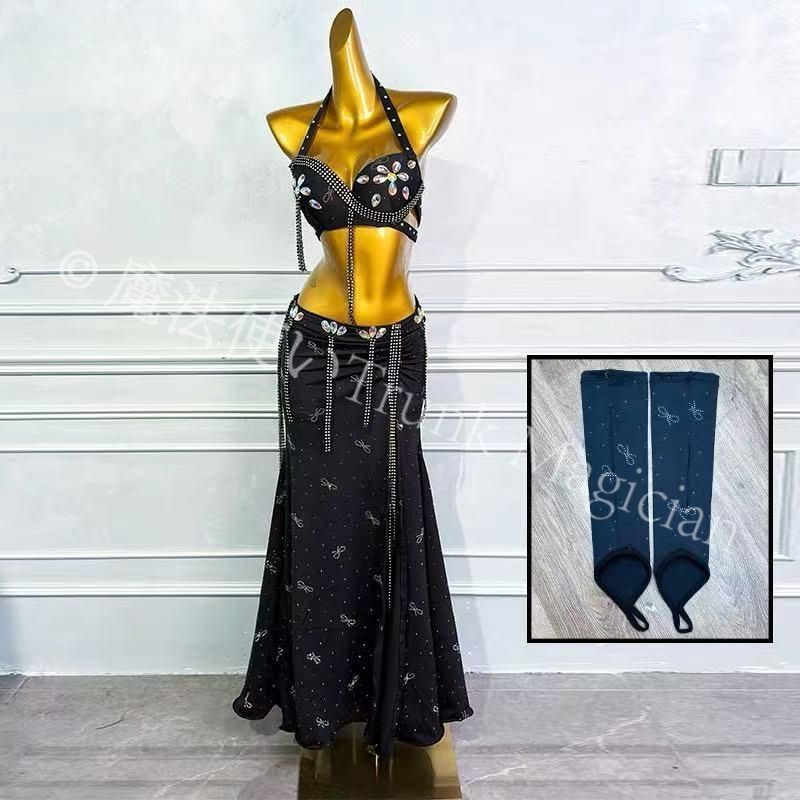 ♥ ベリーダンス オリエンタル衣装 トップス スカート オーダーメイド ステージ衣装 上下セット オリエンタルベリーダンス服 ビーズスパンコール ブラック