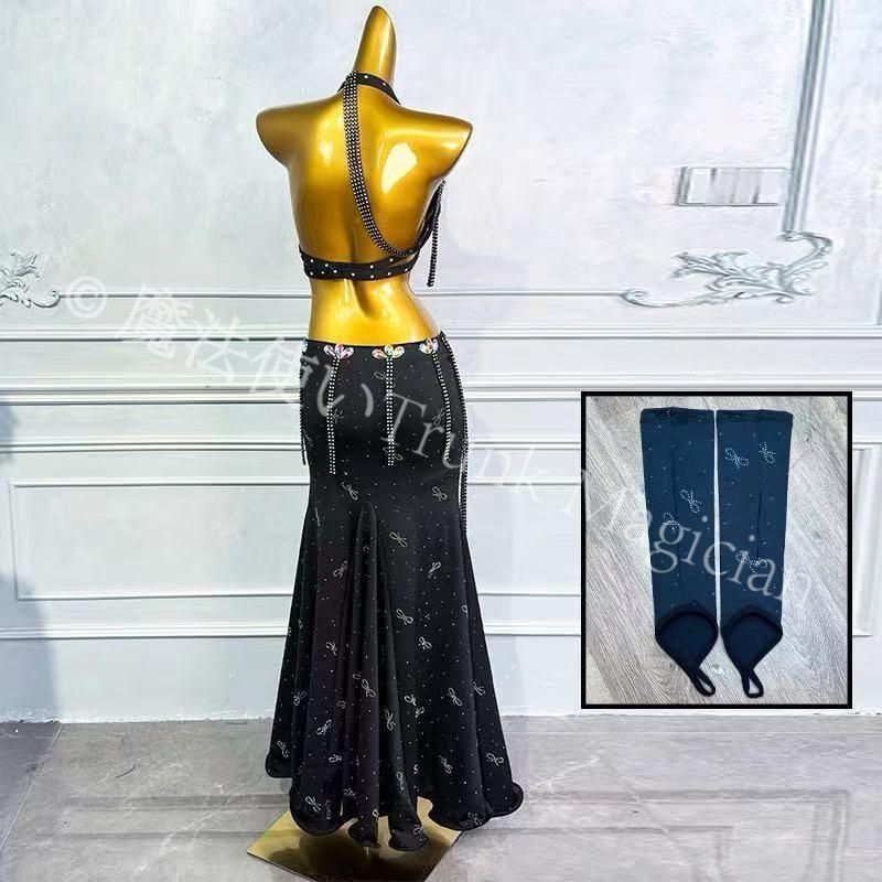 ベリーダンス オリエンタル衣装 トップス スカート オーダーメイド ステージ衣装 上下セット オリエンタルベリーダンス服 ビーズスパンコール ブラック