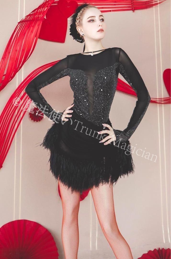 ♥ ♥ラテン ドレス ダンスウェア ショート丈 メッシュ ラメ入り 背中開き 撮影会 舞台 イベント